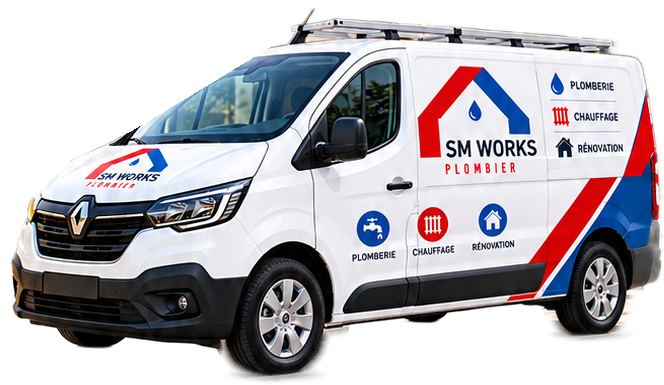 Illustration d’une camionnette aux couleurs SM WORKS, non photographie d’un véhicule de l’entreprise